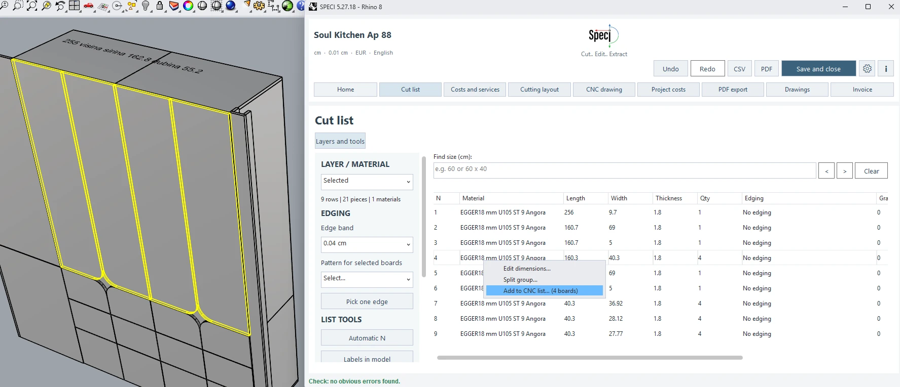 Cut list with linked selection in Rhino