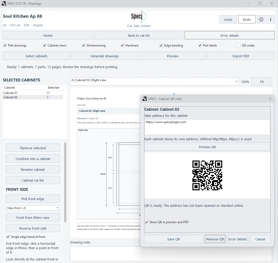 SPECI Cabinet QR code window showing a cabinet web address, QR preview and Show QR in preview and PDF option