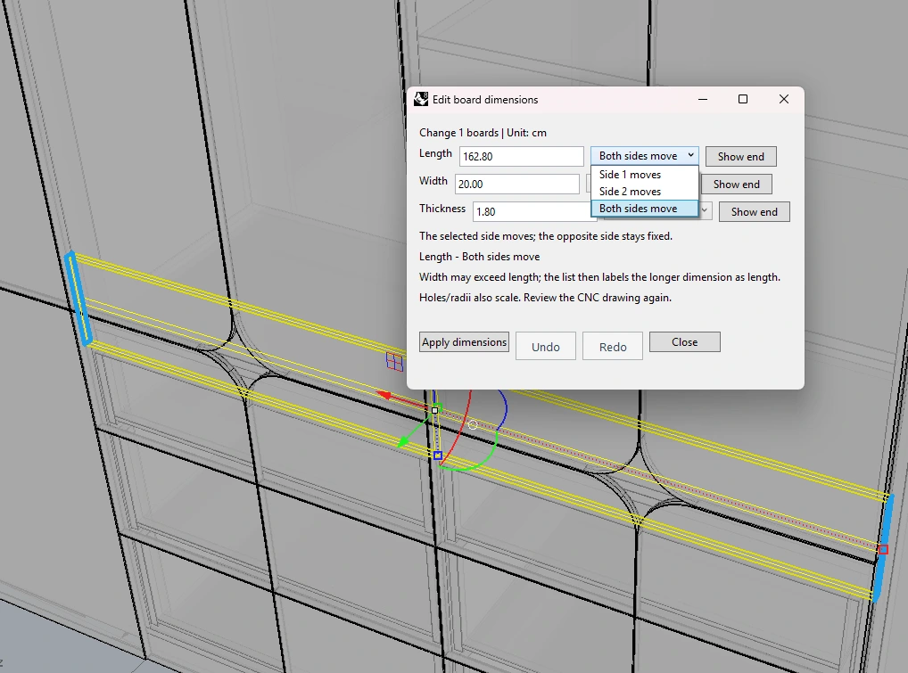 Edit board dimensions and choose the moving side